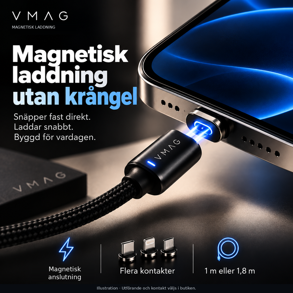 VMAG Snap – magnetisk laddning utan krångel. Svensk produktillustration med magnetisk anslutning, kontaktalternativ och längderna 1 m och 1,8 m.