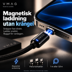 VMAG Snap – magnetisk laddning utan krångel. Svensk produktillustration med magnetisk anslutning, kontaktalternativ och längderna 1 m och 1,8 m.