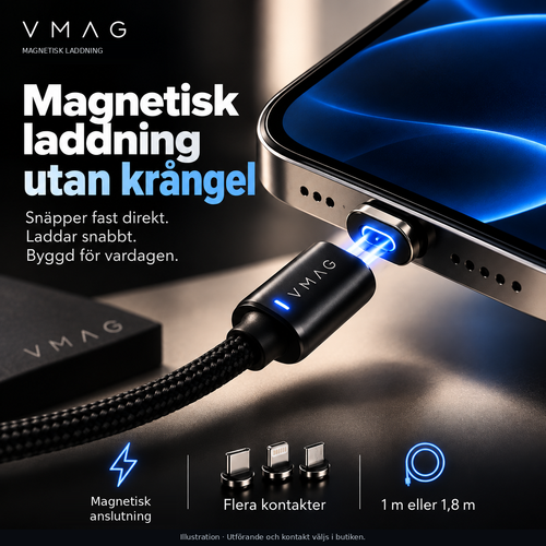 VMAG Snap – magnetisk laddning utan krångel. Svensk produktillustration med magnetisk anslutning, kontaktalternativ och längderna 1 m och 1,8 m.