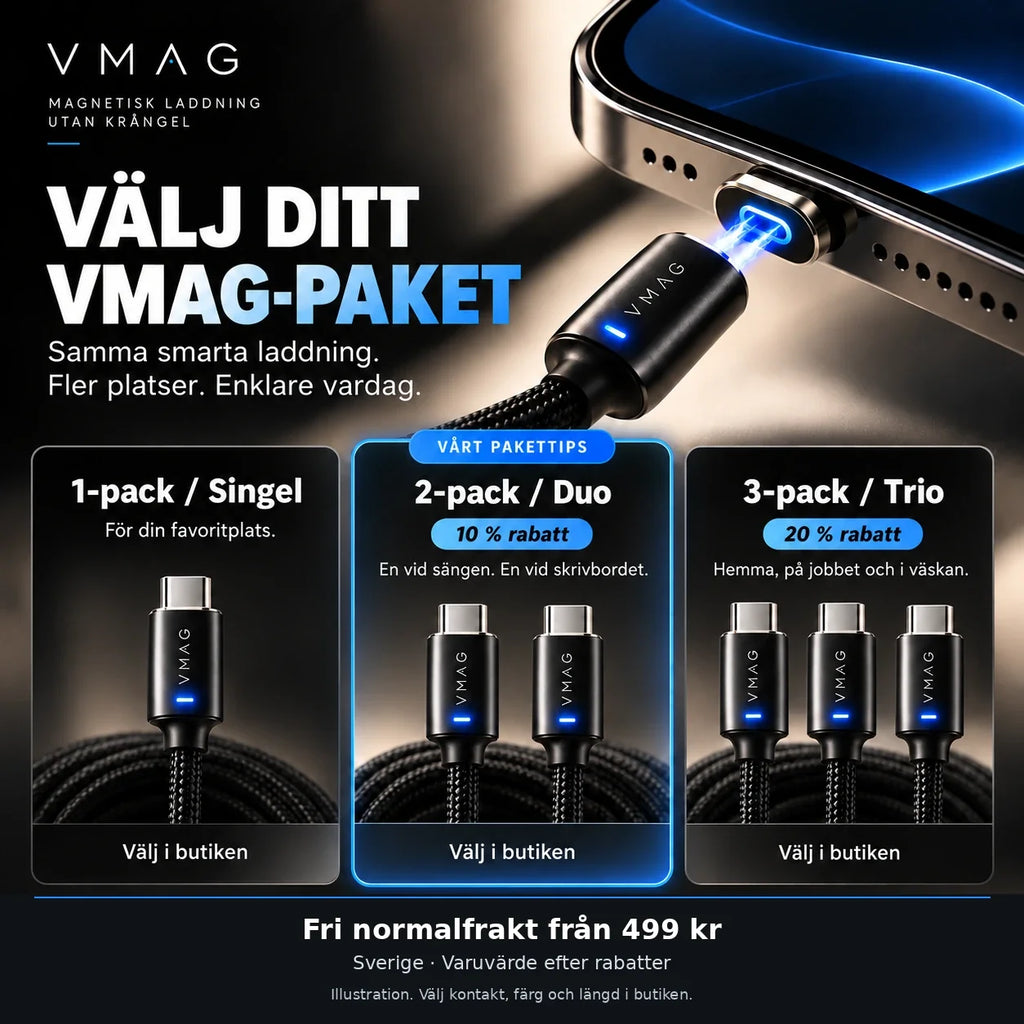 Illustration av VMAG Singel, Duo med 10 procent rabatt och Trio med 20 procent rabatt. Fri normalfrakt i Sverige från 499 kr efter rabatter.